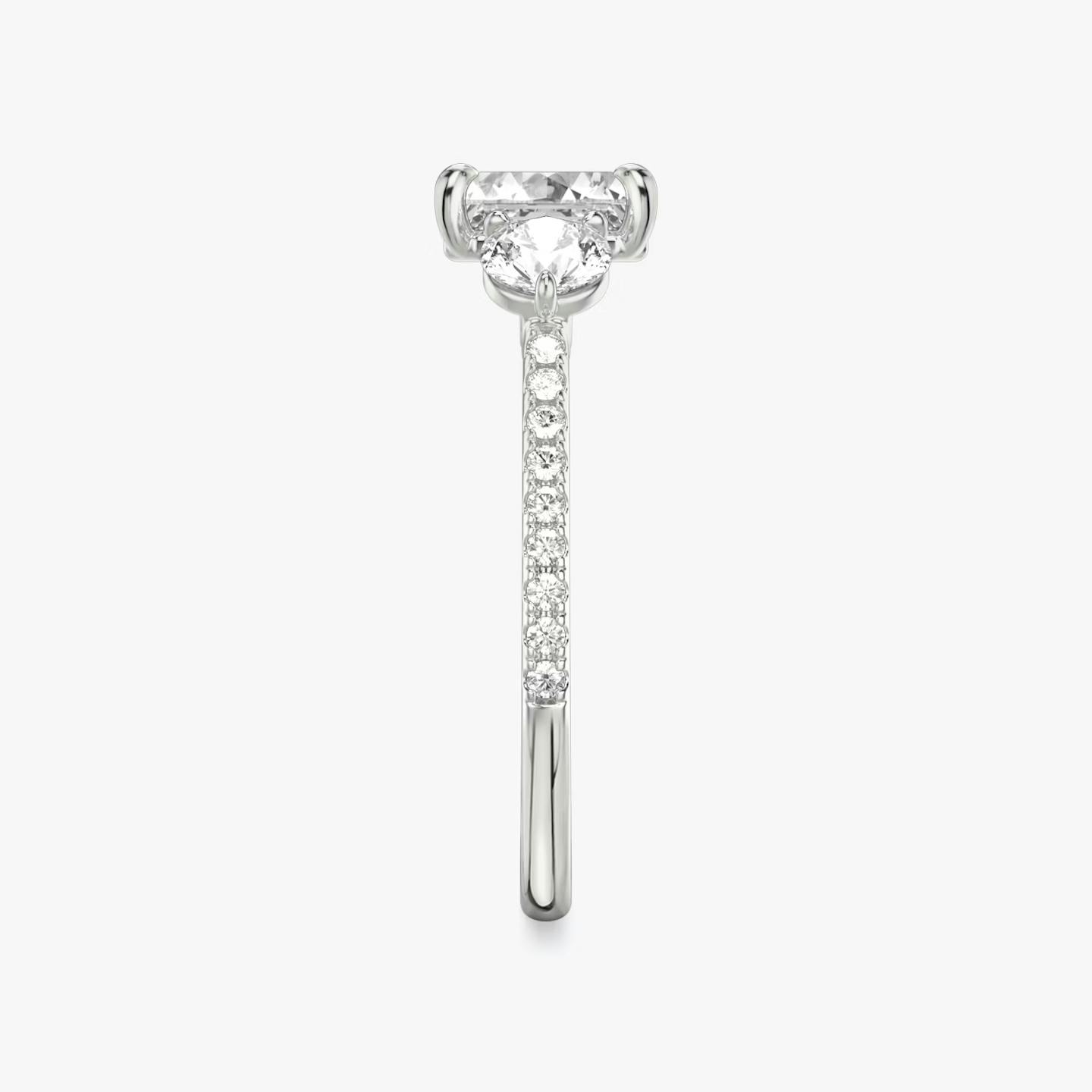 The Three Stone | Asscher | Platinum | Band: Pavé | Side stone carat: 1/4 | Side stone shape: Round Brilliant | Diamond orientation: vertical | Carat weight: See full inventory